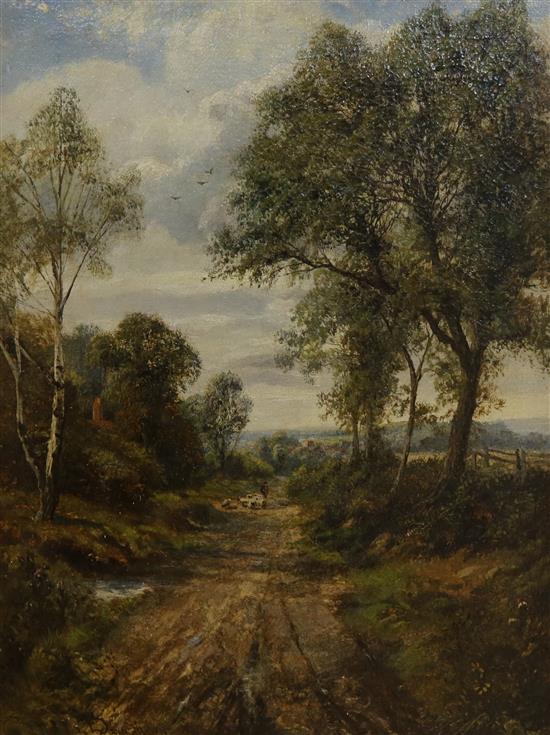 Daniel Sherrin Shepherd and flock on a line 44 x 34cm